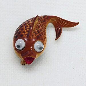 Vintage JJ Jonette Orange Enamel Googly Eyes Koi Fish Brooch Pin